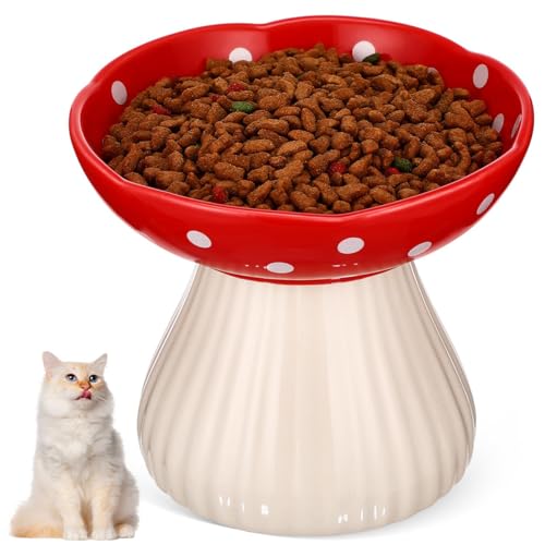 Erhöhter Katzenfutternapf, niedlicher Pilz-Katzen-Wassernapf, Keramik-Katzennäpfe für Futter und Wasser, erhöhter Katzenfutterschale, breit, flach, Katzenfutterschale für erwachsene Katzen, kleine von EHOTER