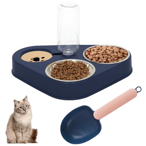 Katzennäpfe Katzenschüssel Set 3 in 1 Katzennapf aus Edelstahl Fressnapf Katze Wasserschale mit Schaufel Doppelter Futternapf mit Automatischer Wasserflasche für Hunde Katzen Haustier (Blau) von EHOTER