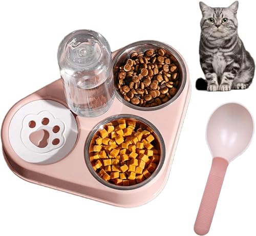 Katzennäpfe Katzenschüssel Set 3 in 1 Katzennapf aus Edelstahl Fressnapf Katze Wasserschale mit Schaufel Doppelter Futternapf mit Automatischer Wasserflasche für Hunde Katzen Haustier (Pink) von EHOTER