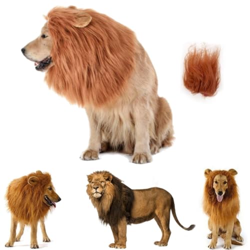 Löwenmähne für Hunde mit Schwanz und Ohr, 2024, Löwenmähne, realistische schwarze Löwenmähne für Hunde, Löwenmähne, Perücke für mittelgroße und große Hunde und Katzen, Dunkelbraun von EHOTER