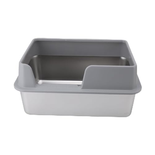 Katzentoilette aus Edelstahl, Große Katzentoilette mit Offener Oberseite und Hoher Seite, Halbgeschlossene Katzentoilette für Kleine Bis Große Katzen mit Schaufel (Grau) von EIMSOAH