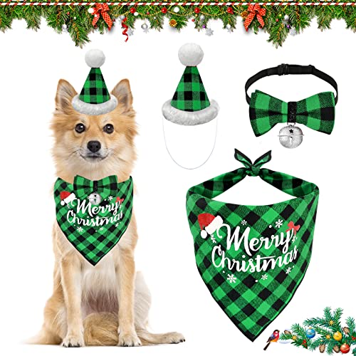 EKKONG Hundehalstuch Weihnachten, Halstuch Hund Weihnachten Hundehalsband mit Glocke Weihnachtsmütze Hunde Weihnachtskostüm für Kleine Mittelgroße Haustiere (Grünes Plaid) von EKKONG