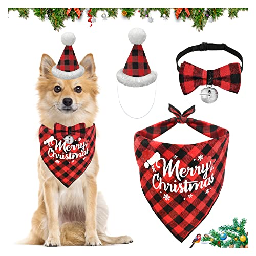 EKKONG Hundehalstuch Weihnachten, Halstuch Hund Weihnachten Hundehalsband mit Glocke Weihnachtsmütze Hunde Weihnachtskostüm für Kleine Mittelgroße Haustiere (Rot Plaid) von EKKONG