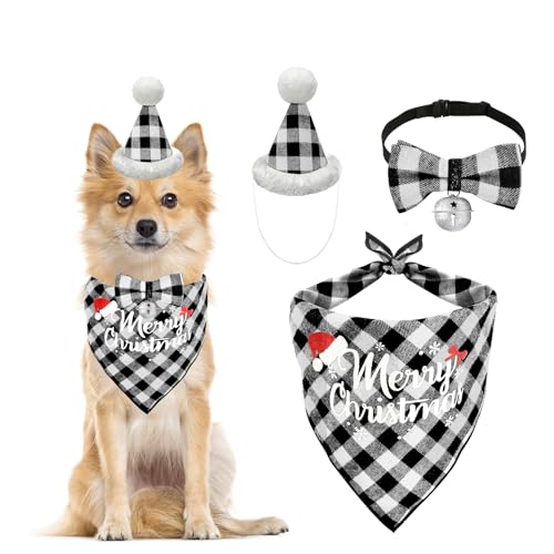 EKKONG Hundehalstuch Weihnachten, Halstuch Hund Weihnachten Hundehalsband mit Glocke Weihnachtsmütze Hunde Weihnachtskostüm für Kleine Mittelgroße Haustiere (Schwarzes Plaid) von EKKONG