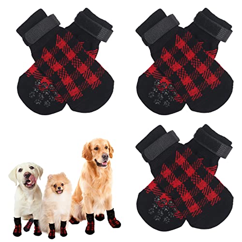 EKKONG rutschfeste Hundesocken 6 Stück Rutsch Socken für Hunde mit Verstellbaren Riemen Haustierpfotenschutz für Innenbereich auf Hartholzboden (L, Rot Kariert) von EKKONG