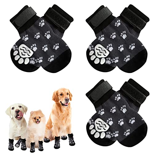 EKKONG rutschfeste Hundesocken 6 Stück Rutsch Socken für Hunde mit Verstellbaren Riemen Haustierpfotenschutz für Innenbereich auf Hartholzboden (L, Schwarzer Pfotenabdruck) von EKKONG