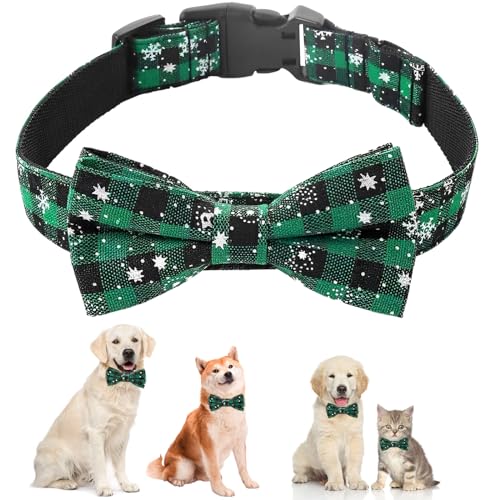 Weihnachtshalsband, Katzen Hunde HundeHalsbänder mit Abnehmbarer Schleife, Halsband einstellbar, Weihnachten Schneeflocken Tartan Halsband für Katzen, kleine, mittlere und große Hunde (Grün-S) von EKKONG