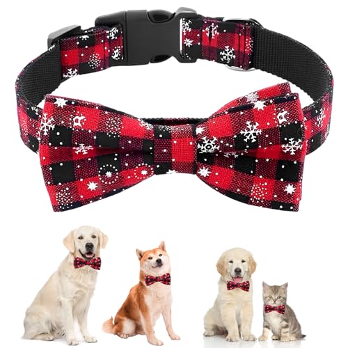 Weihnachtshalsband, Katzen Hunde HundeHalsbänder mit Abnehmbarer Schleife, Halsband einstellbar, Weihnachten Schneeflocken Tartan Halsband für Katzen, kleine, mittlere und große Hunde (Rot-XS) von EKKONG