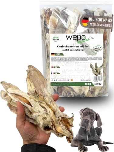 WEPO Kaninchenohren mit Fell für Hunde - 1kg getrocknete Kaninchen Ohren - Hasenohren für Hund & Katze - Rabbit Ears as Dog Treats (1kg-Vorteilspack) von EKNA