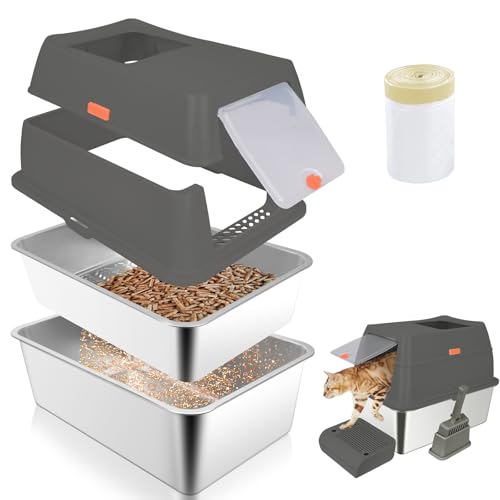 ELEGX Katzentoilette, 4-in-1-Katzentoiletten-Set, geschlossene, abnehmbare Metall-Katzentoilette mit Siebgitter, hochseitiges Gehäuse, Matte und Schaufel (Dunkelgrau) von ELEGX