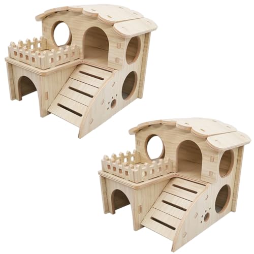 ELMAIN Hamsterspielzeug Hamster Holzhaus Zwei Schichten Käfig für Spielraum Kleine Haustiere Versteck Spielzeug Hamster Hecke 2 Stück von ELMAIN