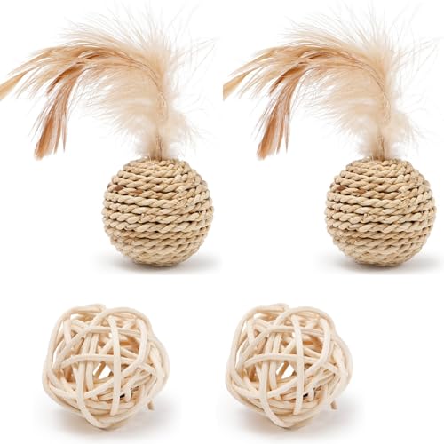 ELMAIN Katzenspielzeug Haustier Rattan Ball Katzenspielzeug Lustige Faux Feder Katze Glocke Ball Kätzchen Spielen Interaktiver Ball Spielzeug 4Pcs A von ELMAIN