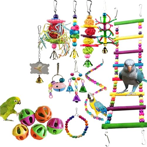 ELMAIN Vogelspielzeug Papageienspielzeug Zubehör Papagei Biss Haustier Vogel Spielzeug Für Training Swing Ball Glocke Stehen Set A von ELMAIN