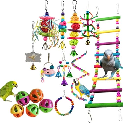 ELMAIN Vogelspielzeug Papageienspielzeug Zubehör Papagei Biss Haustier Vogel Spielzeug Für Training Swing Ball Glocke Stehen Set A von ELMAIN