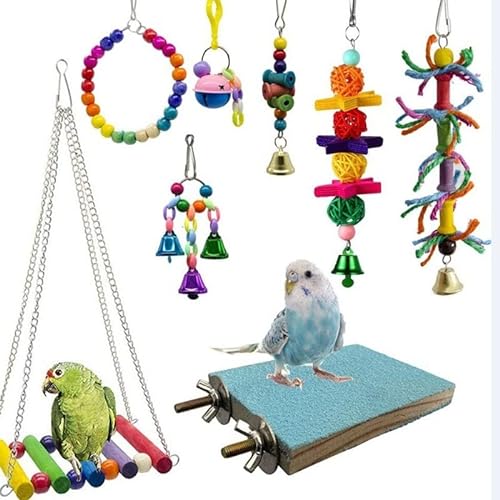 ELMAIN Vogelspielzeug Papageienspielzeug Zubehör Papagei Biss Haustier Vogel Spielzeug für Training Swing Ball Glocke Stehend Set C von ELMAIN