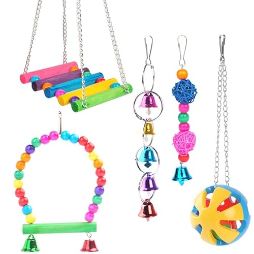 ELMAIN Vogelspielzeug zum Aufhängen, Papageien-Schaukel, Takraw Glocken, Stegleiter, Spielzeug für Papageien, buntes Kombinationsspielzeug-Set, 5-teilig ELMAIN Vogelspielzeug zum Aufhängen, Papageien-Schaukel, Takraw Glocken, Stegleiter, Spielzeug für Papageien, buntes Kombinationsspielzeug-Set, 5-teilig von ELMAIN