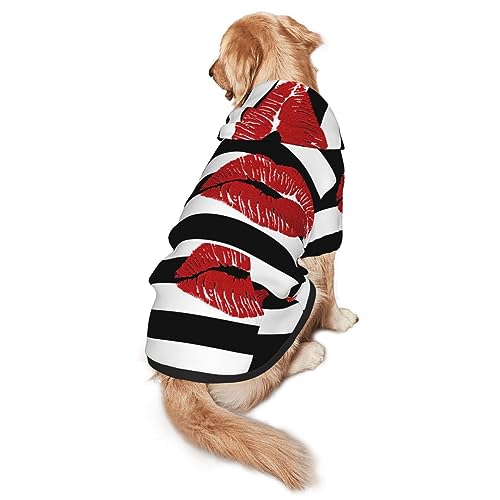 Hundepullover mit rotem Mund, bedruckt in schwarz-weißen Streifen, mit Kapuze, mit Taschen, geeignet für mittlere bis große Maßstäbe, elastische Bündchen von ELRoal