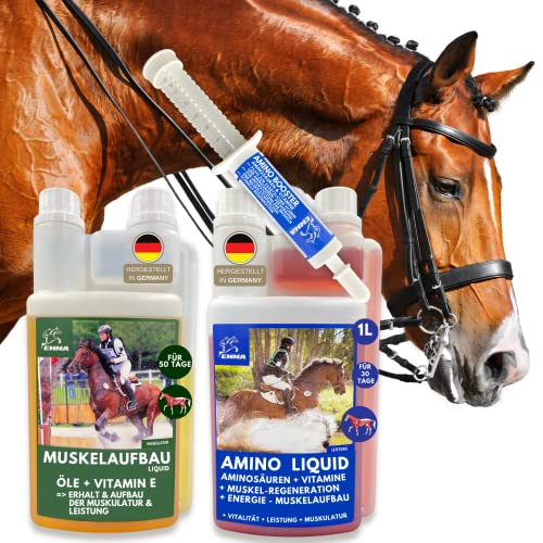 EMMA Reiskeimöl für Pferde + Aminosäuren Pferd I 2x1 L 30ml Liquid + Paste Amino Muskel Plus Vitamin E Pferd - Muskelaufbau Pferd - Leistung Energie für Pferde I Stärkung der Muskulatur beim Pferd von EMMA
