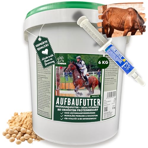 Pferd Aufbaufutter + Amino Booster 6Kg 30ml Muskelaufbau Pulver für Pferde + Sojaextraktionsschrot Pferd I Vitamin E Selen Pferd, Biotin Zink I Muskel Plus Protein Pulver Muskulatur Pferd von EMMA