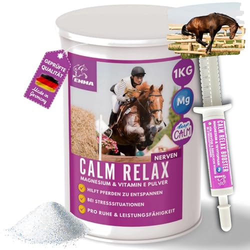 EMMA Magnesium Pferd hochdosiert I Pulver & Paste I Calm Pferd Horse Relax zur Beruhigung Pferd Anti Stress Angst I Magnesium Tryptophan Pferd Magnesium Pulver Magnesium komplex Pferde Nerven 1Kg 30ml von EMMA