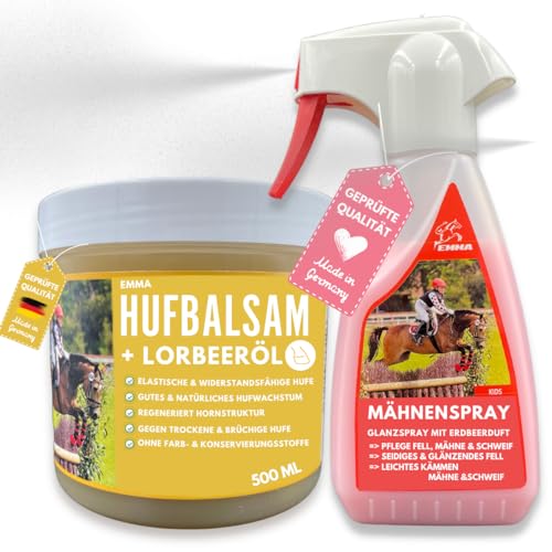 EMMA Pferdepflege-Set Mähnenspray Pferd - Schweifspray für Pferde - Pferdeglanz Spray - Huffett Pferde Hufgel mit Lorbeeröl - Inhalt Putzbox für Pferde Mädchen Geschenk I Putzzeug für Pferde 2 TLG von EMMA