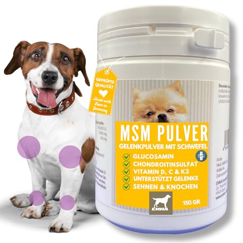 MSM Hund 150Gr Gelenkpulver für Hunde Glucosamin Chondroitin MSM Vitamin C D Calcium - Gelenk Pulver für Gelenke & Gelenkfunktion alternativ Gelenktabletten für Hunde I Methylsulfonylmethan Schwefel von EMMA