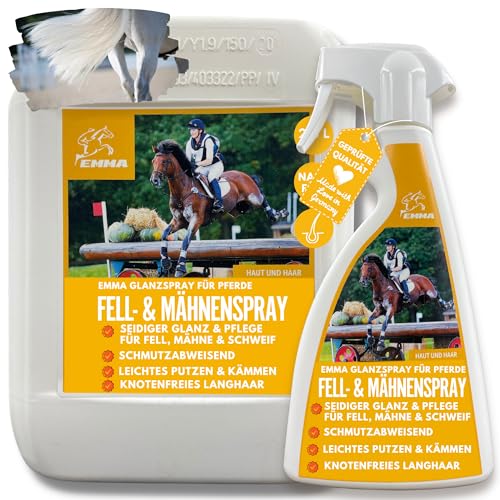 Mähnenspray Pferd 0,5 2,5 l Fellpflege Pferde Glanzspray & Kämmbarkeit Fell Mähne Schweif I Schweifspray für Pferde Pflegeset I Top Glanz & leichtes kämmen I Conditioner I Anti Frizz Detangler Spray von EMMA