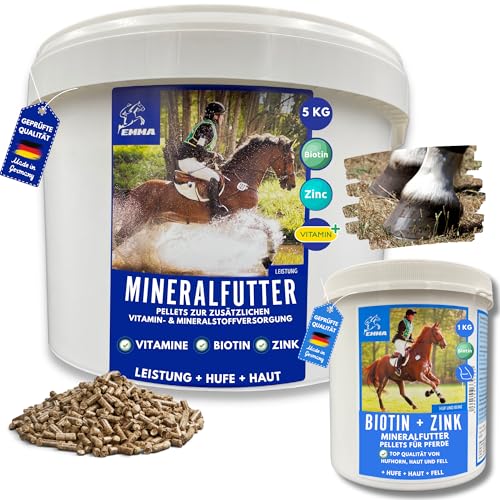 Mineralfutter Pferde + Biotin + Zink für Pferde 5Kg 1Kg hochdosiert - Biotin-Pellets komplex für Hufe Haut Haare Fell Plus Zink für gesunde Hufe unterstützt Hufwachstum Hornqualität Hufqualität von EMMA