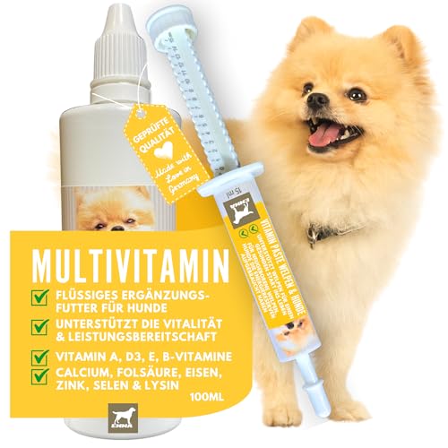 Hunde Vitamine Complete 100ml 15ml Multi Vitamin B komplex + Vitamin Paste für Hunde I Vitamine A-Z & Mineralstoffe I B-Vitamine A B12 D E Folsäure Eisen Zink Selen Lysin Calcium Imunsystem stärken von EMMA