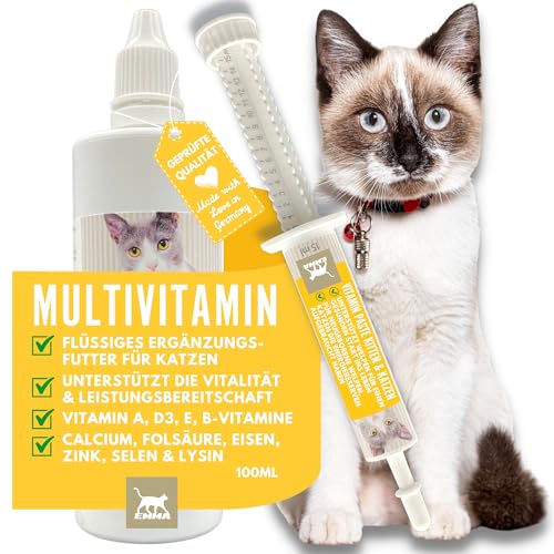 Multi Vitamin B Komplex + Vitaminpaste für Katzen 100ml 15ml Katzen Vitamine hochdosiert I B Vitamine mit Vitamin A D C I Energie Aufbaukur alte Katzen Kitten Vitamin-Booster Immunsystem stärken Katze von EMMA