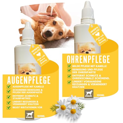 EMMA Hund Ohrenreiniger & Augentropfen Hund - Ohrentropfen Hund - Erste Hilfe Set Hund • Hundepflege gegen Juckreiz & Schmutz • Ohrenpflege Ohrreiniger Tränenfleckentferner Kamille 2x100ml von EMMA