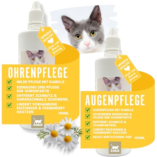 EMMA Augentropfen Katze & Ohrenreiniger Katze - Ohrentropfen Katze - Erste Hilfe Set Katze • Ohr Reinigung gegen Juckreiz & Schmutz • Ohrenpflege Ohrreiniger Tränenfleckentferner Kamille 2x100ml von EMMA