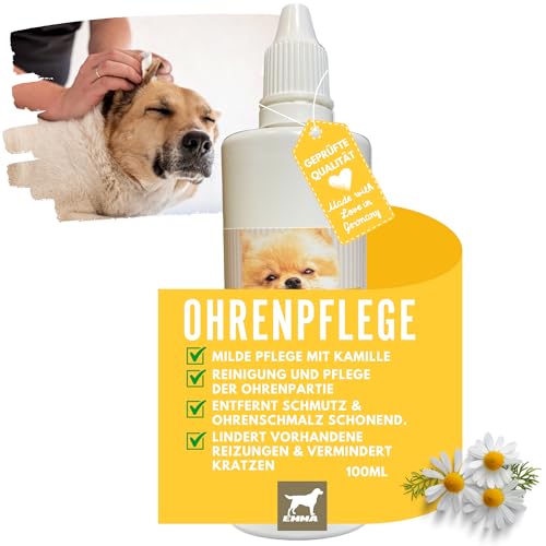 Ohrenreiniger Hund • Ohren Reinigung Tropfen • Ohrentropfen für Hunde gegen Juckreiz • milde Ohrpflege mit Kamille • Ohrreiniger bei Ohrenentzündung Mittel gegen Schmutz Ohrenschmalz Entferner 100ml von EMMA