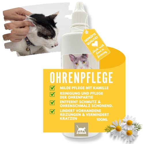 Ohrentropfen für Katzen • Ohrreiniger Katze • Ohrentropfen bei Juckreiz • Ohrenspülung Kamille • Katzen Ohrenreiniger bei Ohrenentzündung - Milde Ohr Reinigung Schmutz & Ohrenschmalz Entferner 100ml von EMMA