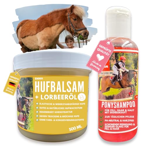 EMMA Pferdeshampoo I Pflege Set Pony I Pferde Shampoo Fell Mähne Schweif Pink & Duft I Huffett für Pferde gelb I Hufbalsam I Inhalt Putzbox I Geschenke Mädchen I Pferdepflegeset für Kinder 2tlg von EMMA