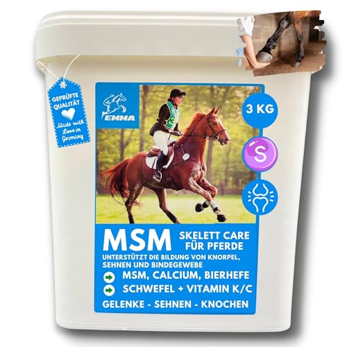 MSM Pulver I Gelenk Pulver für Pferde Plus MSM Pferd - Knochen-Gelenk-Komplex mit Calcium Vitamin D C I MSM Pferde Pulver (Schwefel) Zusatzfutter zur Stärkung Gelenke Pferd, Knochen, Sehnen 3Kg von EMMA