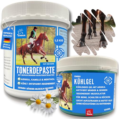 essigsaure Tonerde Pferd + Pferdebalsam kühlend 500ml 1,5kg Heilerde Paste I Massage creme Gel zur Entspannung Sehnen Gelenke Muskeln Bänder Pferdesalbe - Arnika Salbe + Tonerde Pferd extra stark von EMMA