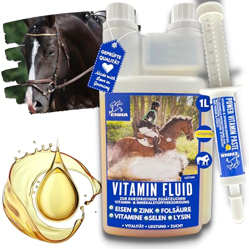 EMMA Pferde Vitamine hochdosiert I Vitamin b komplex & Mineralstoffe Pferde Liquid & Vitamin-Paste mit Vitaminen A D D3 E und B-Vitamine B12 B1 B2 B6 Folsäure Eisen Zink Selen Pferd 1 L 30ml von EMMA