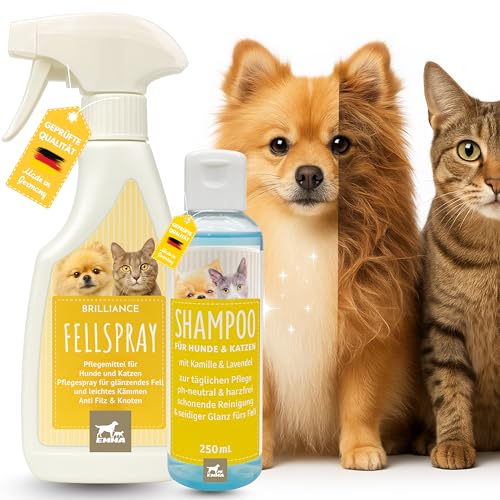 EMMA Entfilzungsspray Katze & Hunde plus Hundeshampoo Kamille 2x250ml Fellpflege Hund Katze für Langhaar zum Entfilzen I Pflegespray Katzenfell Hundefell I Entfilzer für Hunde, Fellspray Anti Tangling von EMMA