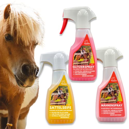 EMMA Mähnenspray für Pferde + Schweifspray + Sattelseife I Saddle Soap I Glanzspray I Schweifspray für Pferde I Fellspray I Lederseife Lederfett farblos Pferde Zubehör Pferdepflege Set 3 teiig von EMMA