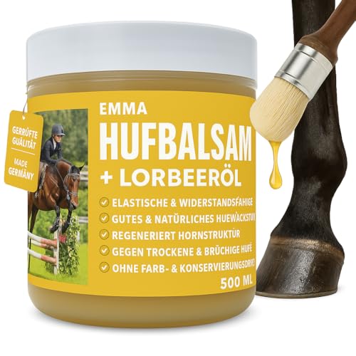 EMMA Huffett Pferde mit Lorbeeröl 500 ml Hufgel gelb I Hufbalsam für Pferde gesunde Hufe I Huffett Pferd mit Pinsel auftragen gegen trockene Hufe & Strahlfäule Pferd Mittel I Huf Fett Strahlmittel von EMMA