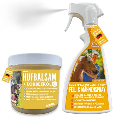 EMMA Pferdepflege-Set Mähnenspray Pferd - Schweifspray für Pferde - Pferdeglanz Spray - Huffett Pferde Hufgel mit Lorbeeröl - Inhalt Putzbox für Pferde Mädchen Geschenk I Putzzeug für Pferde 2x0,5l von EMMA