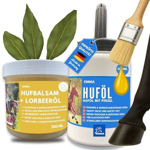 EMMA Huffett Pferde & Huföl Pferd mit Lorbeeröl 2X 500 ml I Hufbalsam für Pferde Hufe I Huföl Pferde mit Pinsel - Hufpflege für Pferde trockene Hufe & Strahlfäule Pferd Mittel I Huffett Strahlmittel von EMMA