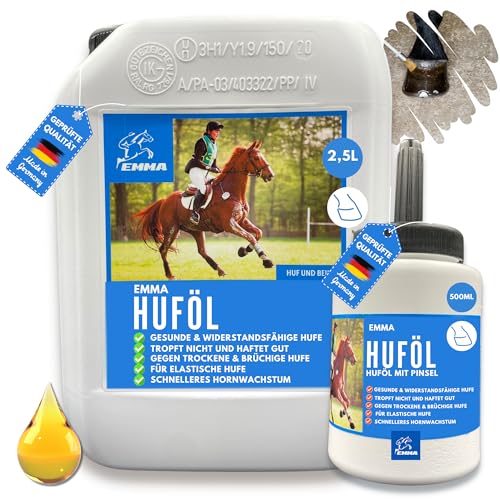 EMMA Huföl Pferde Kanister 2,5L + Hoof Oil Pferde mit Pinsel 0,5L Huffett Pferde I Hufpflege Hufe I gegen trockene Hufe & Strahlfäule Pferd I Hufsalbe I Hufbalsam mit Hufpinsel auftragen Hufwachstum von EMMA