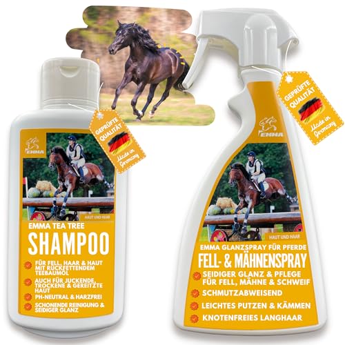 Mähnenspray & Tea Tree Shampoo Pferdeshampoo mit Teebaumöl für Hunde Pferde 2x500ml I mildes Pferde Shampoo I Pferdepflege glänzendes Fell I Hundeshampoo I für trockene & irritierte Haut I Fellpflege von EMMA