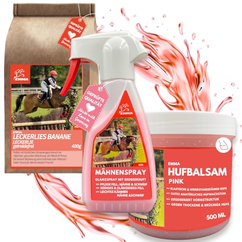 EMMA Pferdeleckerlis + Huffett Pferde + Mähnenspray für Pferde pink I Leckerli Pferd Banane - Schweifspray für Pferde - Pferde Zubehör - Pferde Mädchen Geschenk Pferde Sachen Set 3tlg Fell Mähne Hufe von EMMA