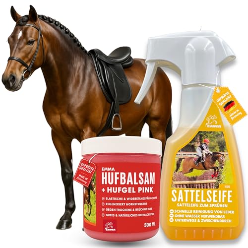 EMMA Sattelseife Leder + Huffett Pferde pink I Leder & Pferde Pflegeset Glattleder Pflege Sattel Lederstiefel Trense Lederpflege Auto Sofa Schuhe l Lederbalsam zum Sprühen Pflegen & Schutz 500ml250ml von EMMA