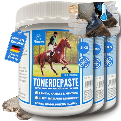 Tonerde Pferd ⇒ essigsaure Tonerde Pferde - Pferdesalbe Pferdebalsam Kühlend 3x1,5 Kg Arnika Salbe Mineralerde - Heilerde Paste I Tonerdepaste Pferd mit Kräuter Arnica Menthol Sehnen Gelenke Muskeln von EMMA
