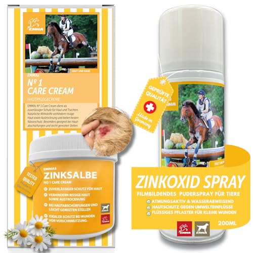 Zinksalbe + Zinkspray I Erste Hilfe Set Hund Pferd I Wundspray Salbe Wundschutz für Tiere I Zinkoxid Spray Wundheilung Wundsalbe I Pfotenpflege für Hunde I Sprühpflaster & Zink Creme Pferde 2 x250ml von EMMA