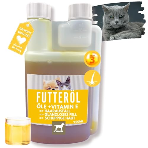 Barf Öl für Katzen & Hunde - Omega 3 & 6 Barföl aus: Leinöl Distelöl Wallnussöl I Futteröl + Vitamin E I Futter Barf Zusatz reich an Omega 3 Omega 6 Fettsäuren ohne Zusätze I Fell Haut Energie 0,25l von EMMA